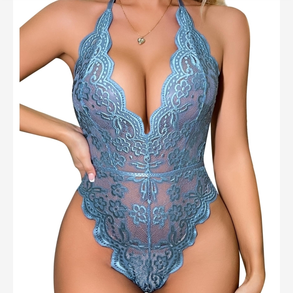 Elegant Blue Lace Halter Bodysuit- Lingerie- Vintage Size Smaill- Valentines Day
